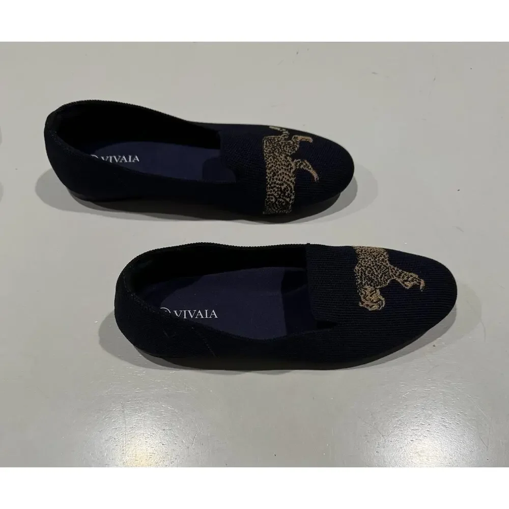 Vivaia NWOB Womens Navy Round Toe Cheetah Embroidered Audrey Flat Loafers 36.5